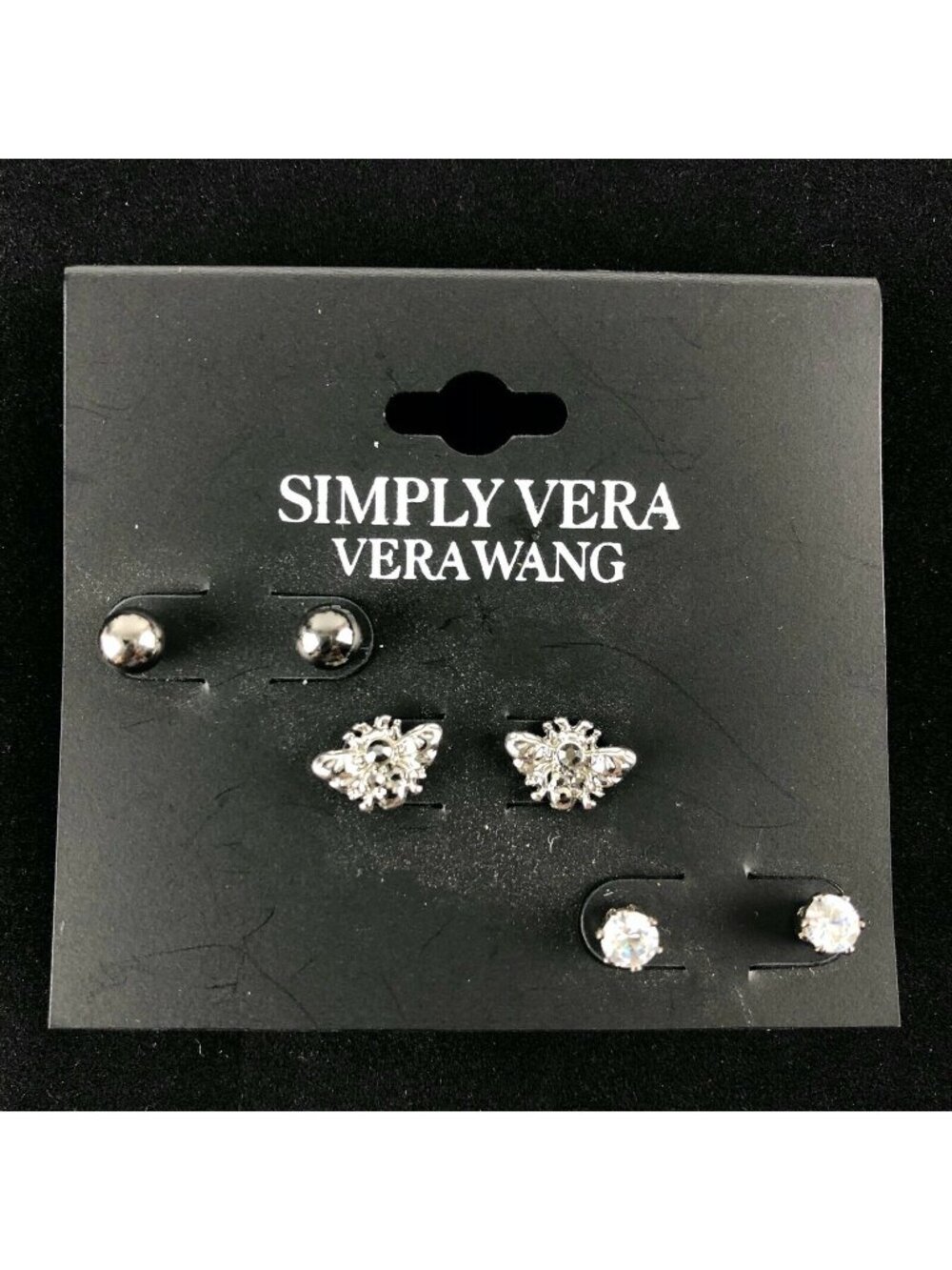 Vera Wang Earrings Gift Set 3 Pairs Silver-tone Studs 3/16" - 3/8" Flies